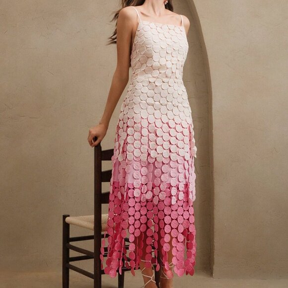 Pink Elegant Women's Round Tassel Hollow Out Embroidery High Waist Slip Dress - Picture 5 of 8